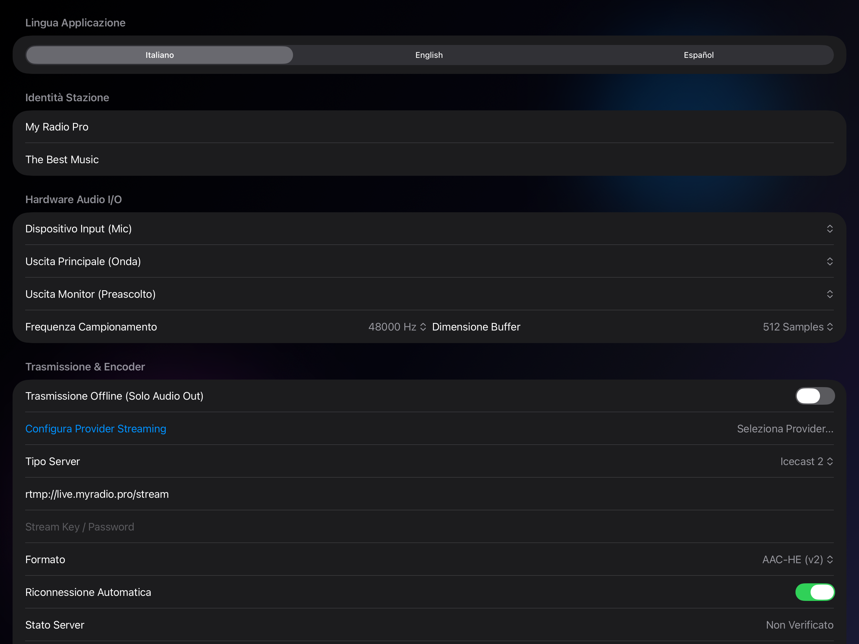 Impostazioni encoder e streaming